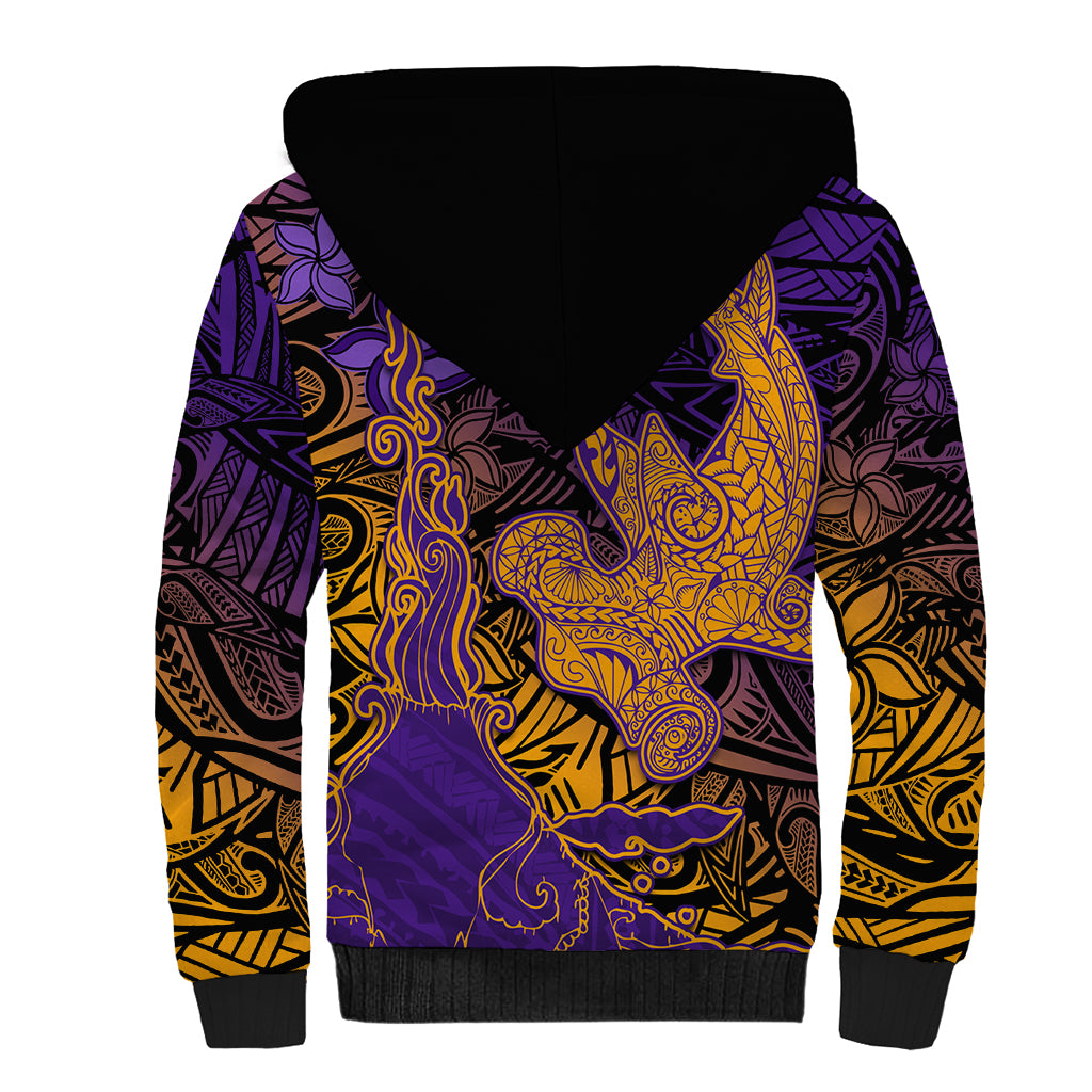 Hawaiian Volcano and Shark Sherpa Hoodie Polynesian and Hibiscus Pattern Purple Yellow Gradient