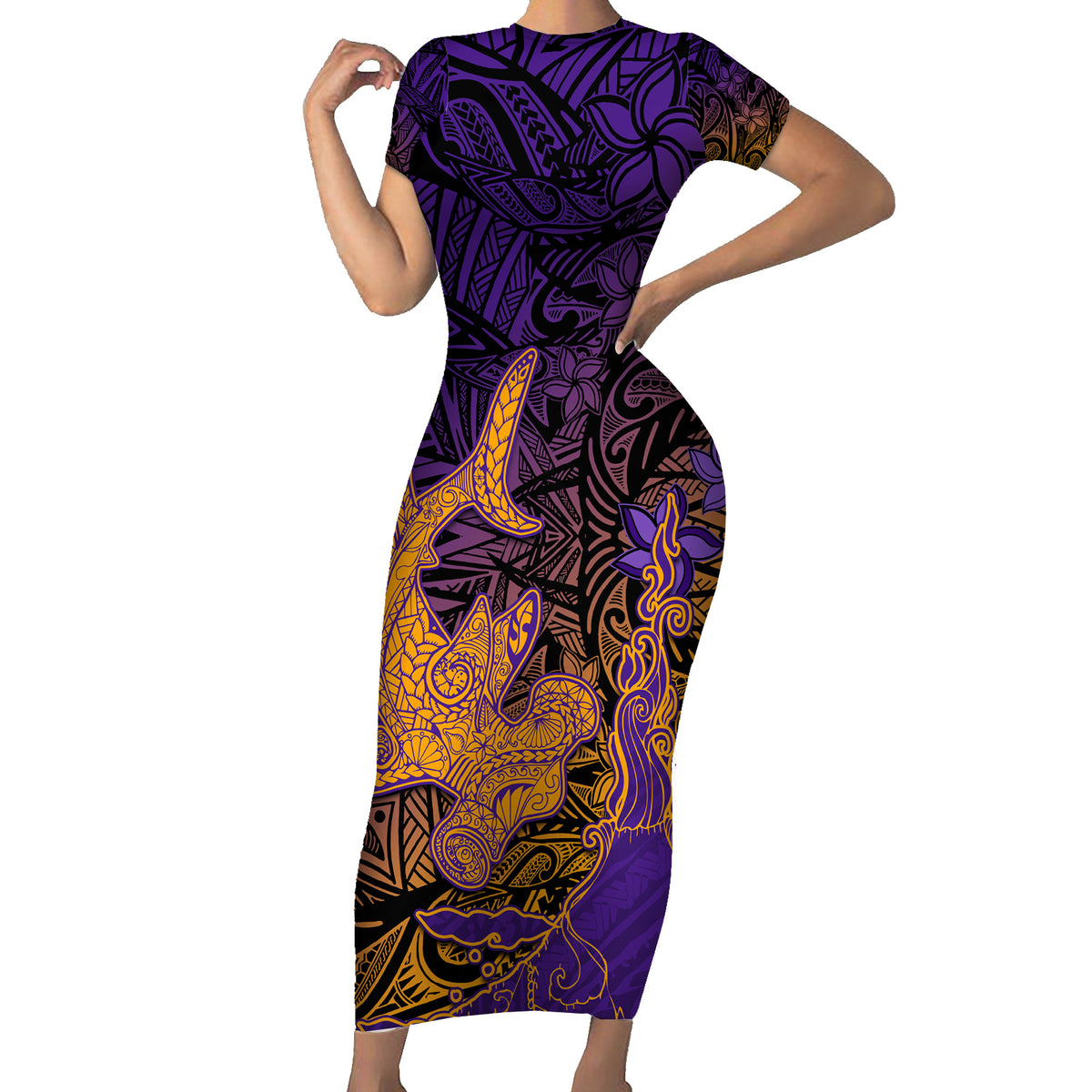 Hawaiian Volcano and Shark Short Sleeve Bodycon Dress Polynesian and Hibiscus Pattern Purple Yellow Gradient LT03 Long Dress Purple - Polynesian Pride