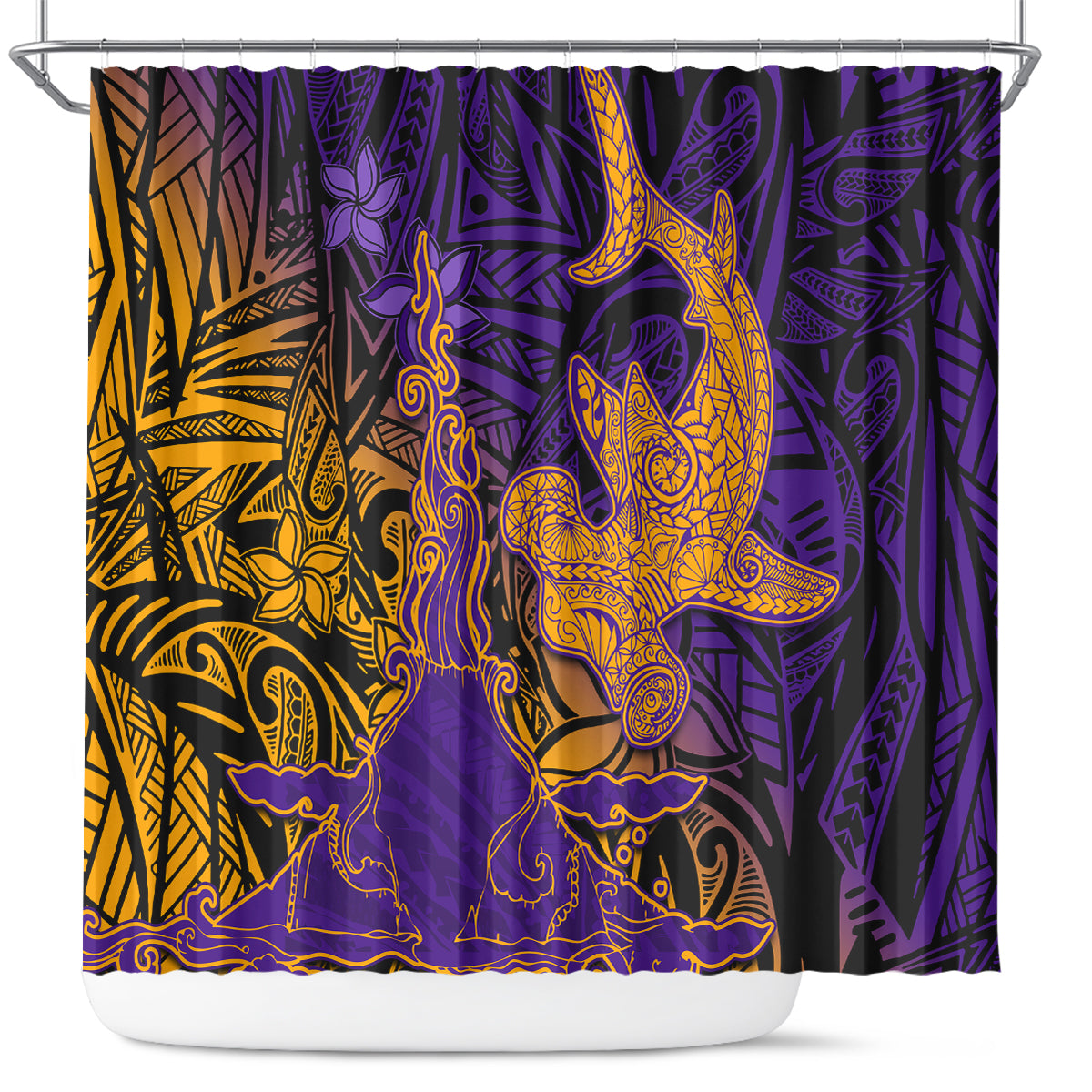 Hawaiian Volcano and Shark Shower Curtain Polynesian and Hibiscus Pattern Purple Yellow Gradient LT03 Purple - Polynesian Pride