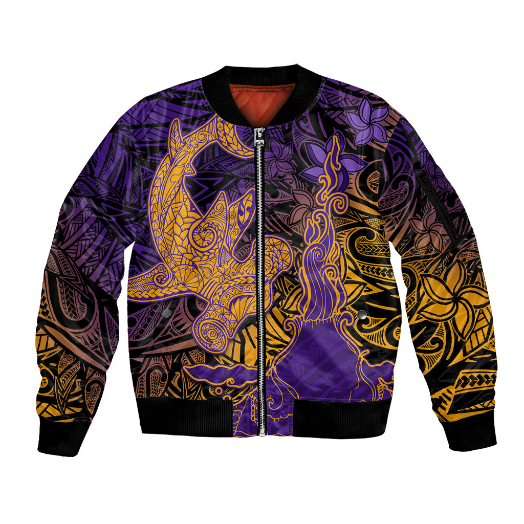 Hawaiian Volcano and Shark Sleeve Zip Bomber Jacket Polynesian and Hibiscus Pattern Purple Yellow Gradient LT03 Unisex Purple - Polynesian Pride