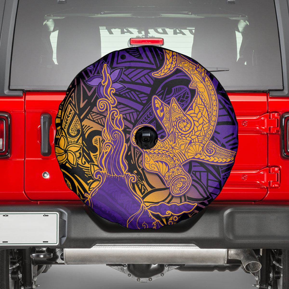 Hawaiian Volcano and Shark Spare Tire Cover Polynesian and Hibiscus Pattern Purple Yellow Gradient