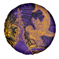 Hawaiian Volcano and Shark Spare Tire Cover Polynesian and Hibiscus Pattern Purple Yellow Gradient