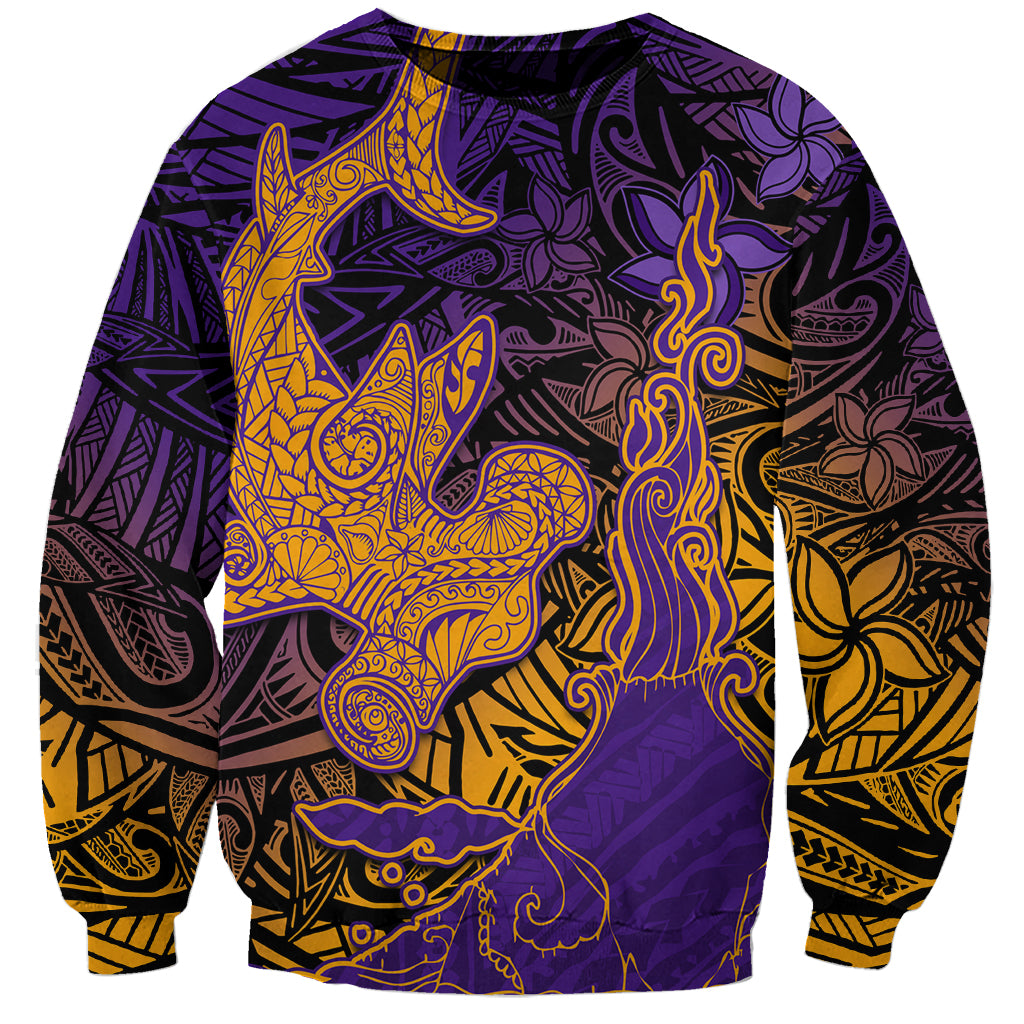 Hawaiian Volcano and Shark Sweatshirt Polynesian and Hibiscus Pattern Purple Yellow Gradient LT03 Unisex Purple - Polynesian Pride