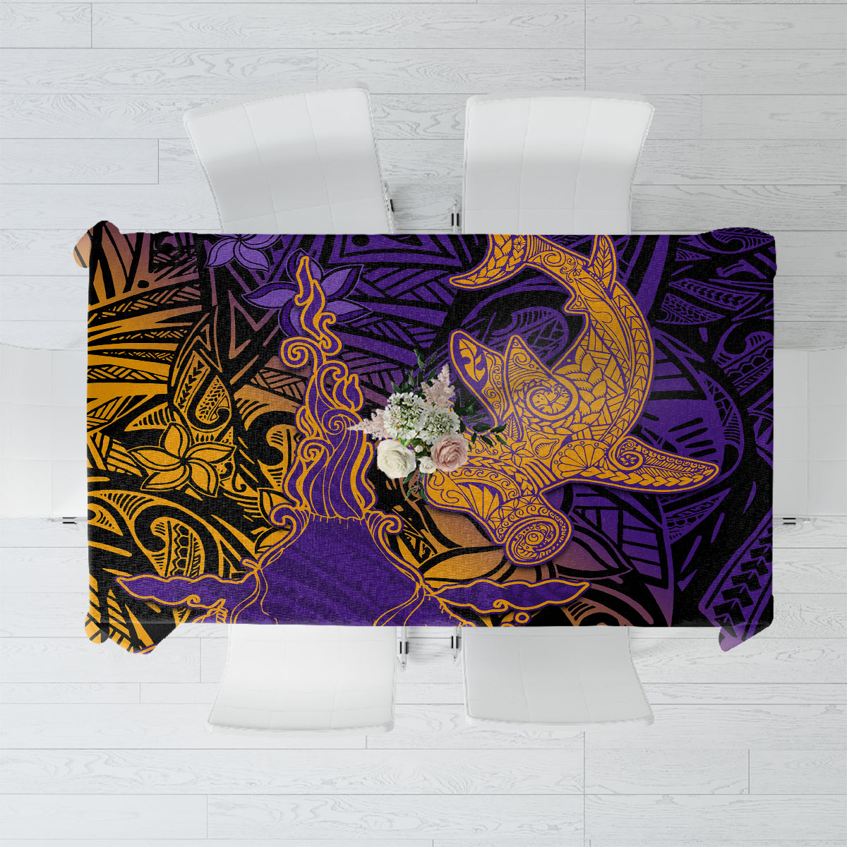 Hawaiian Volcano and Shark Tablecloth Polynesian and Hibiscus Pattern Purple Yellow Gradient LT03 Purple - Polynesian Pride