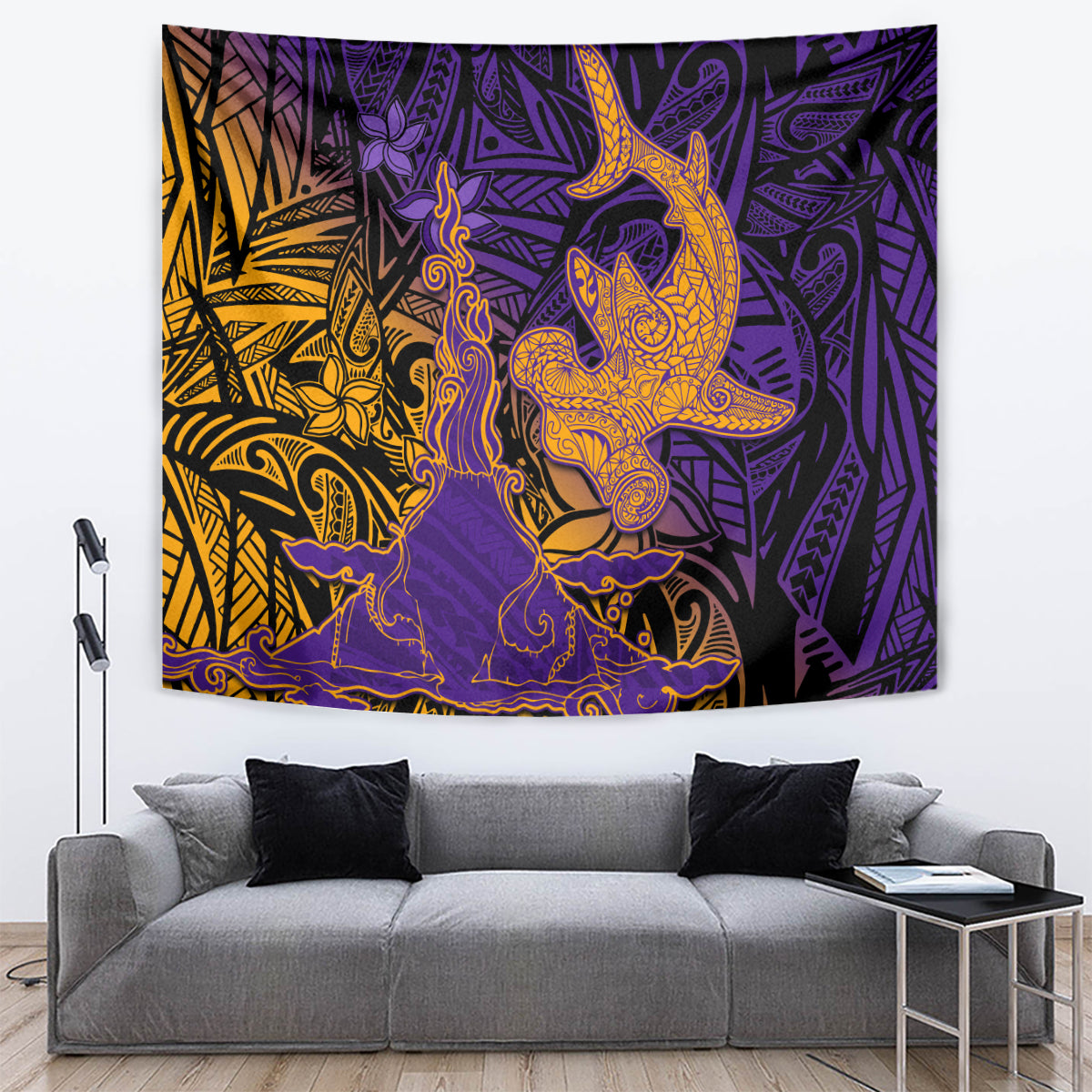 Hawaiian Volcano and Shark Tapestry Polynesian and Hibiscus Pattern Purple Yellow Gradient LT03 Purple - Polynesian Pride