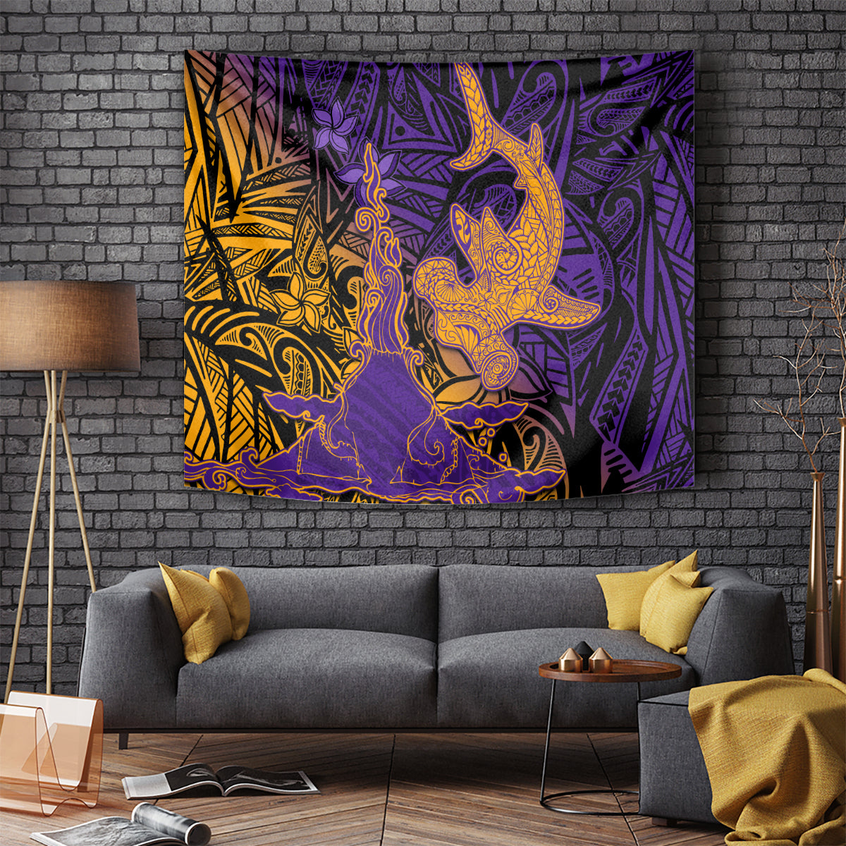 Hawaiian Volcano and Shark Tapestry Polynesian and Hibiscus Pattern Purple Yellow Gradient LT03 - Polynesian Pride