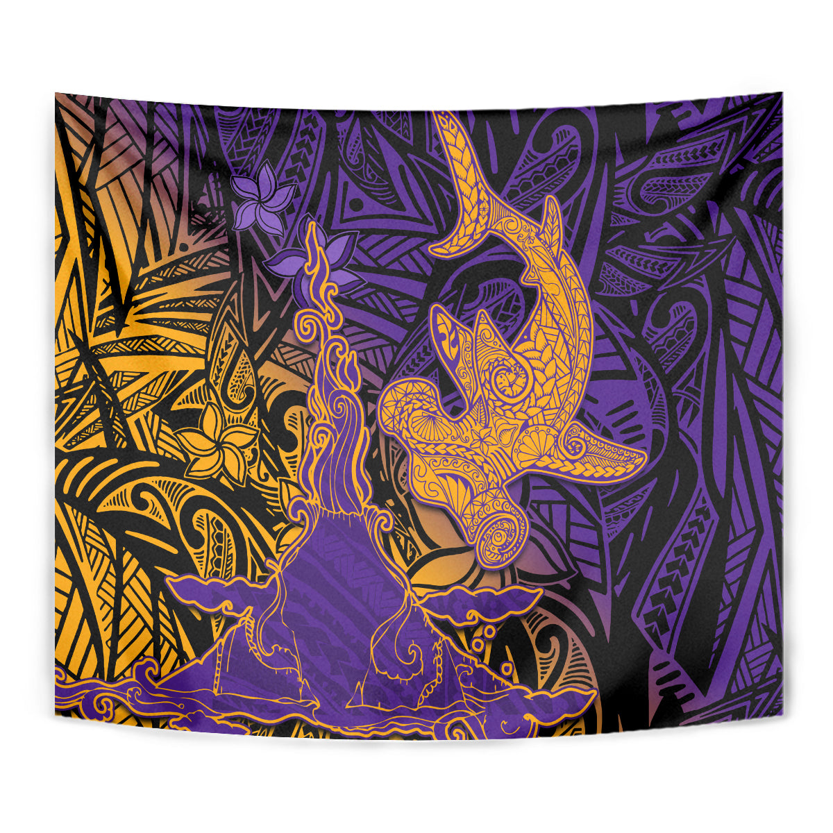 Hawaiian Volcano and Shark Tapestry Polynesian and Hibiscus Pattern Purple Yellow Gradient LT03 - Polynesian Pride