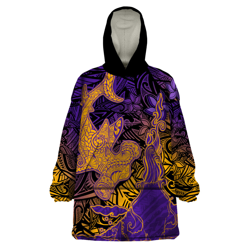 Hawaiian Volcano and Shark Wearable Blanket Hoodie Polynesian and Hibiscus Pattern Purple Yellow Gradient LT03 One Size Purple - Polynesian Pride