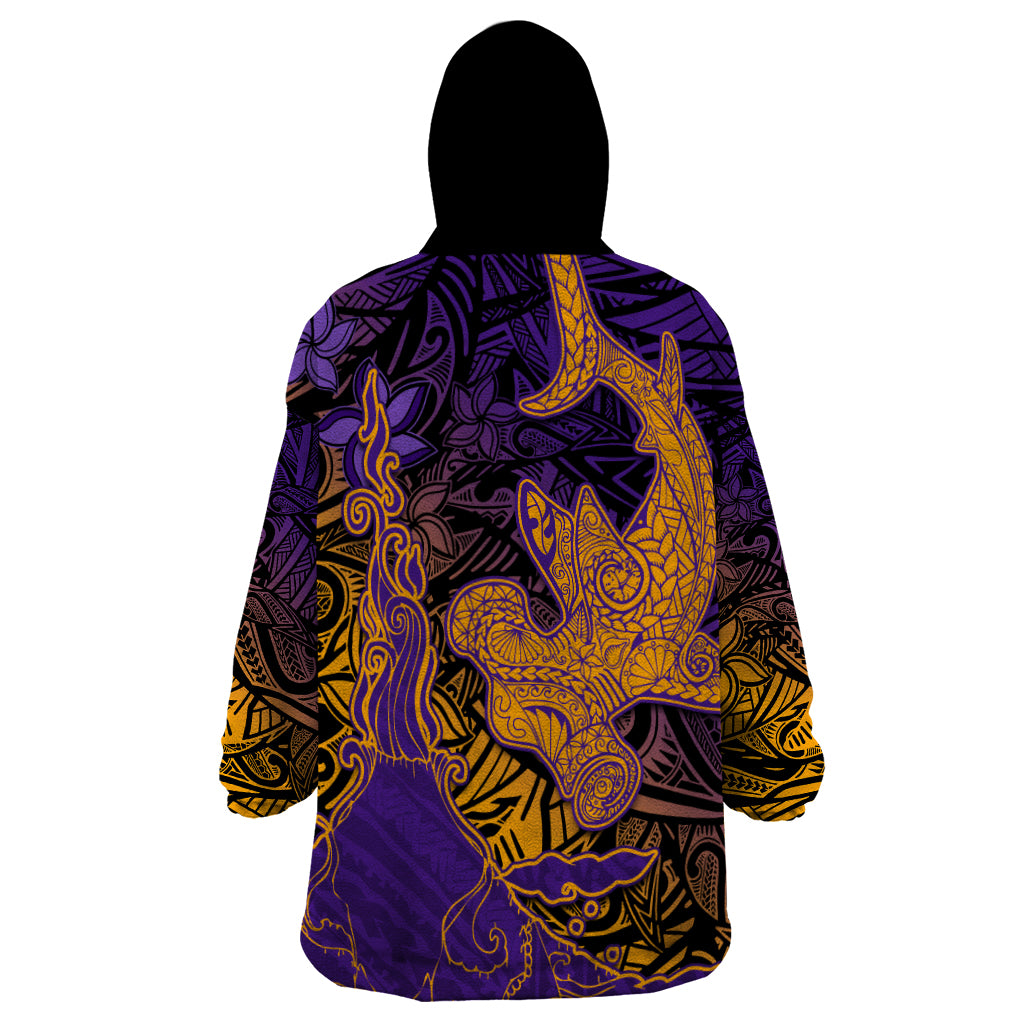 Hawaiian Volcano and Shark Wearable Blanket Hoodie Polynesian and Hibiscus Pattern Purple Yellow Gradient