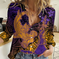 Hawaiian Volcano and Shark Women Casual Shirt Polynesian and Hibiscus Pattern Purple Yellow Gradient