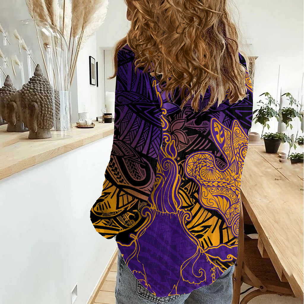 Hawaiian Volcano and Shark Women Casual Shirt Polynesian and Hibiscus Pattern Purple Yellow Gradient