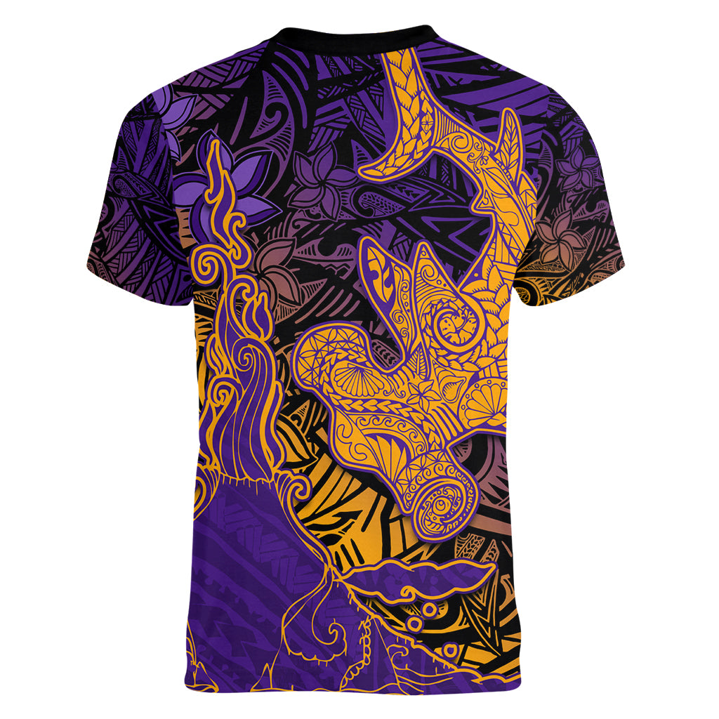 Hawaiian Volcano and Shark Women V-Neck T-Shirt Polynesian and Hibiscus Pattern Purple Yellow Gradient