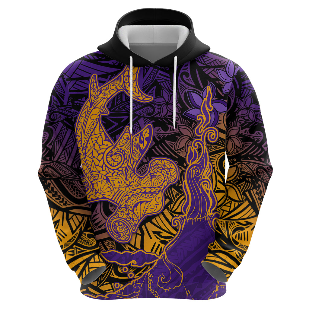 Hawaiian Volcano and Shark Zip Hoodie Polynesian and Hibiscus Pattern Purple Yellow Gradient