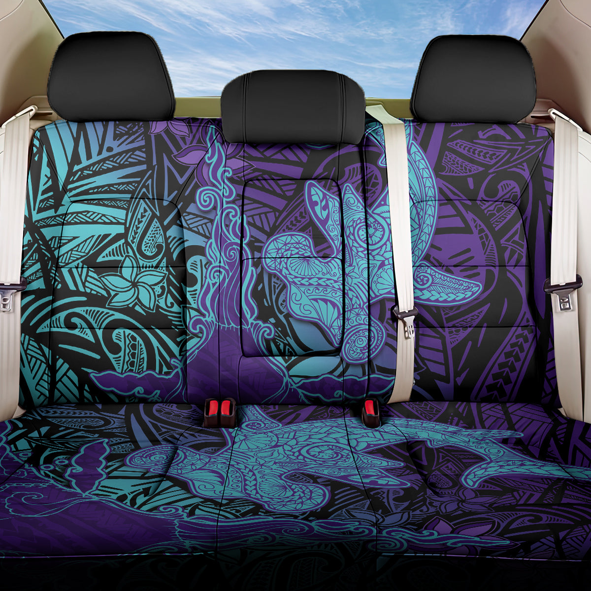 Hawaiian Volcano and Shark Back Car Seat Cover Polynesian and Hibiscus Pattern Purple Cyan Gradient LT03 One Size Purple - Polynesian Pride