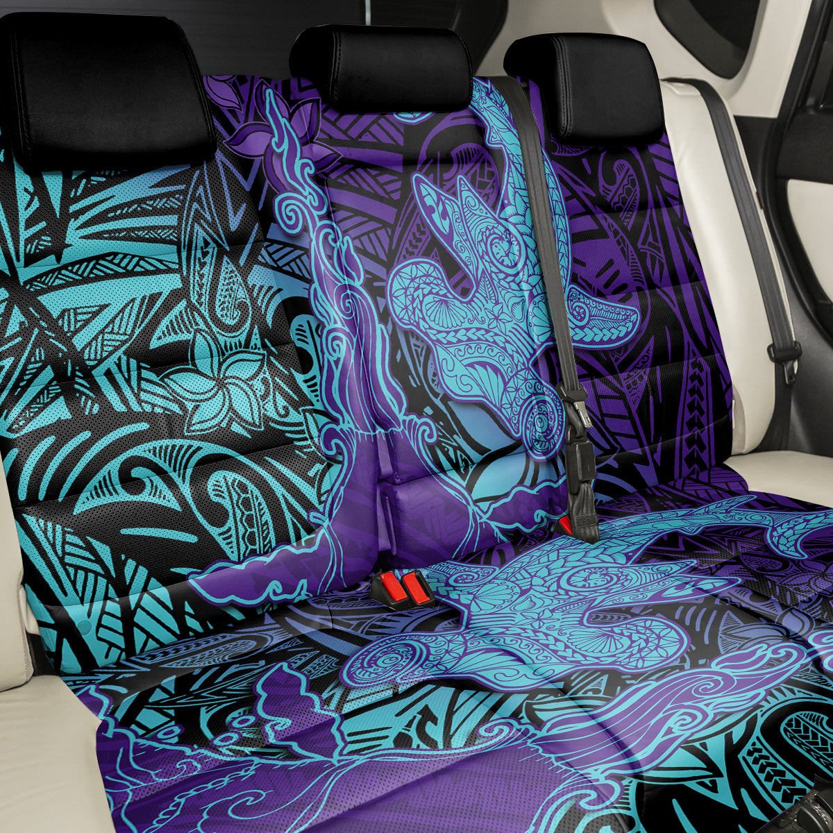 Hawaiian Volcano and Shark Back Car Seat Cover Polynesian and Hibiscus Pattern Purple Cyan Gradient LT03 - Polynesian Pride