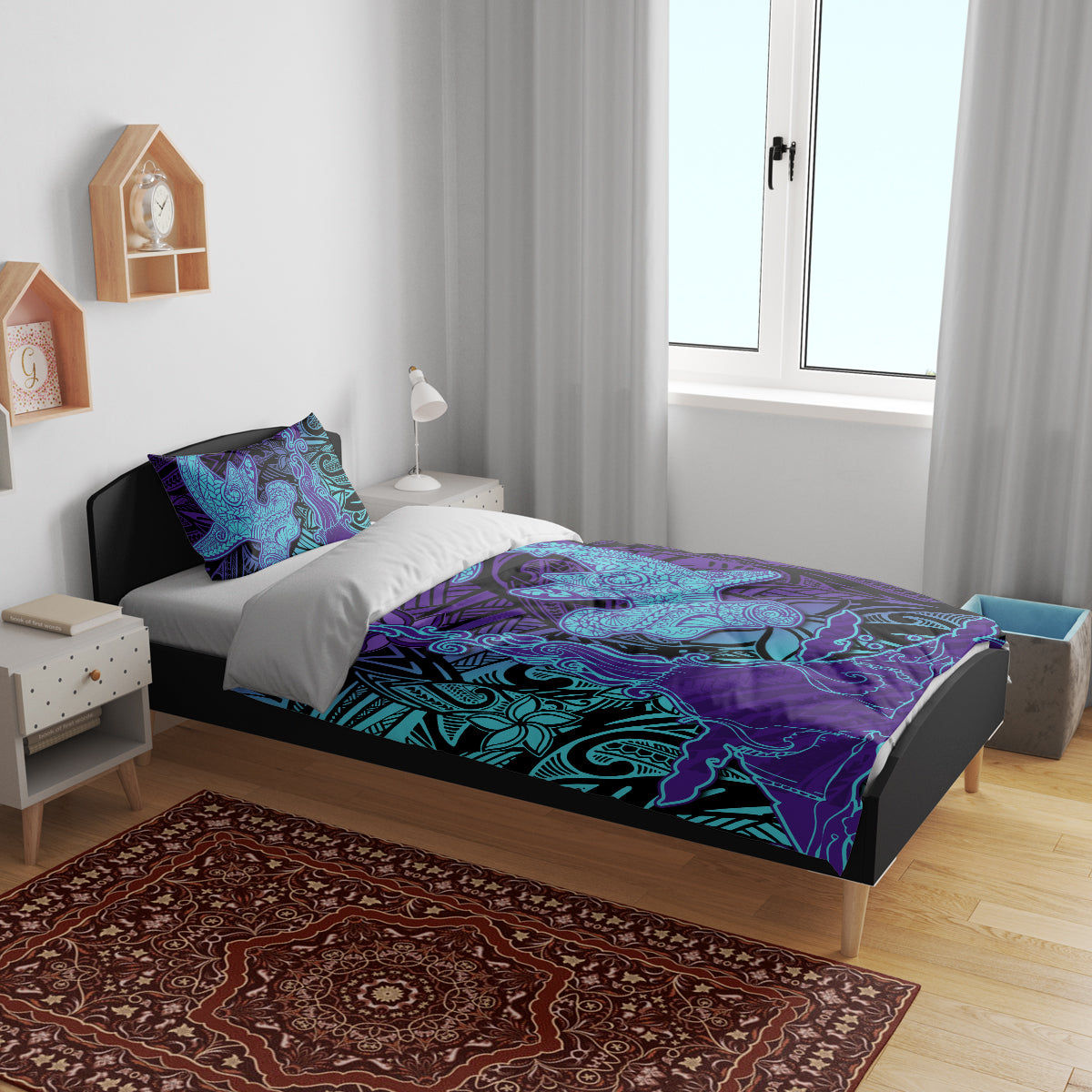 Hawaiian Volcano and Shark Bedding Set Polynesian and Hibiscus Pattern Purple Cyan Gradient