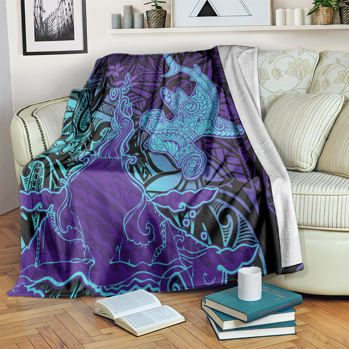 Hawaiian Volcano and Shark Blanket Polynesian and Hibiscus Pattern Purple Cyan Gradient LT03 Purple - Polynesian Pride