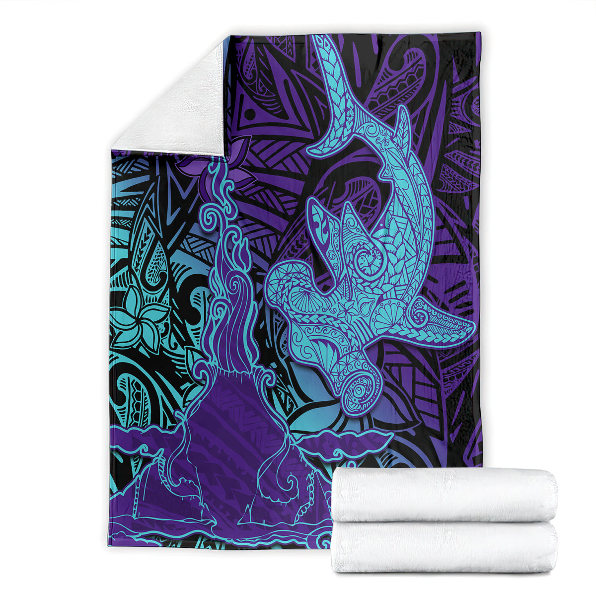 Hawaiian Volcano and Shark Blanket Polynesian and Hibiscus Pattern Purple Cyan Gradient
