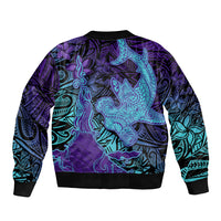 Hawaiian Volcano and Shark Bomber Jacket Polynesian and Hibiscus Pattern Purple Cyan Gradient