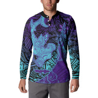 Hawaiian Volcano and Shark Button Sweatshirt Polynesian and Hibiscus Pattern Purple Cyan Gradient