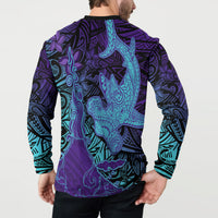 Hawaiian Volcano and Shark Button Sweatshirt Polynesian and Hibiscus Pattern Purple Cyan Gradient