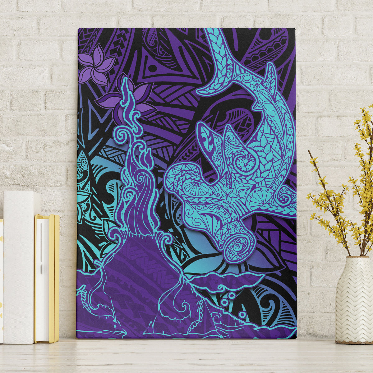 Hawaiian Volcano and Shark Canvas Wall Art Polynesian and Hibiscus Pattern Purple Cyan Gradient LT03 Without Frame Purple - Polynesian Pride