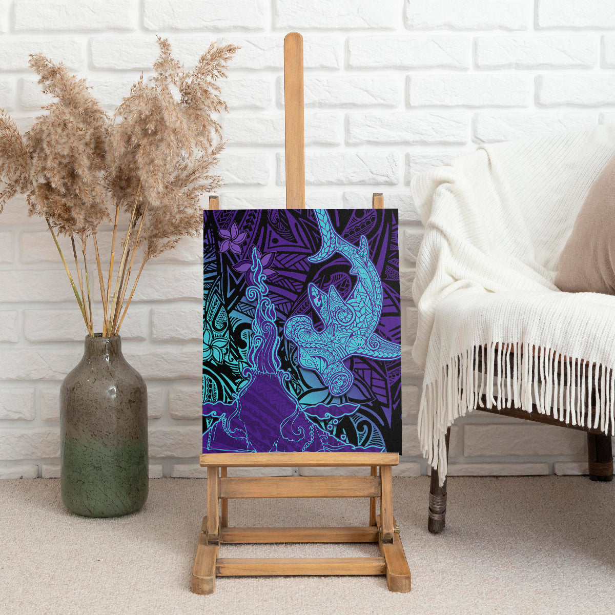 Hawaiian Volcano and Shark Canvas Wall Art Polynesian and Hibiscus Pattern Purple Cyan Gradient