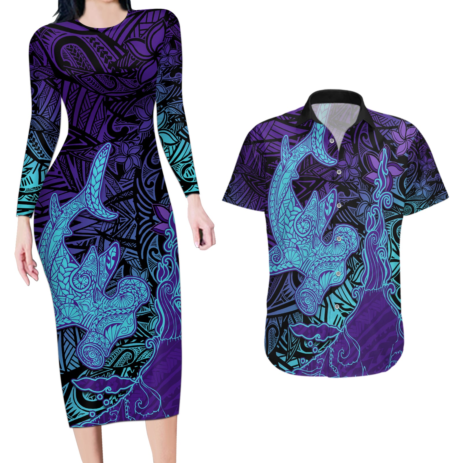 Hawaiian Volcano and Shark Couples Matching Long Sleeve Bodycon Dress and Hawaiian Shirt Polynesian and Hibiscus Pattern Purple Cyan Gradient LT03 Purple - Polynesian Pride