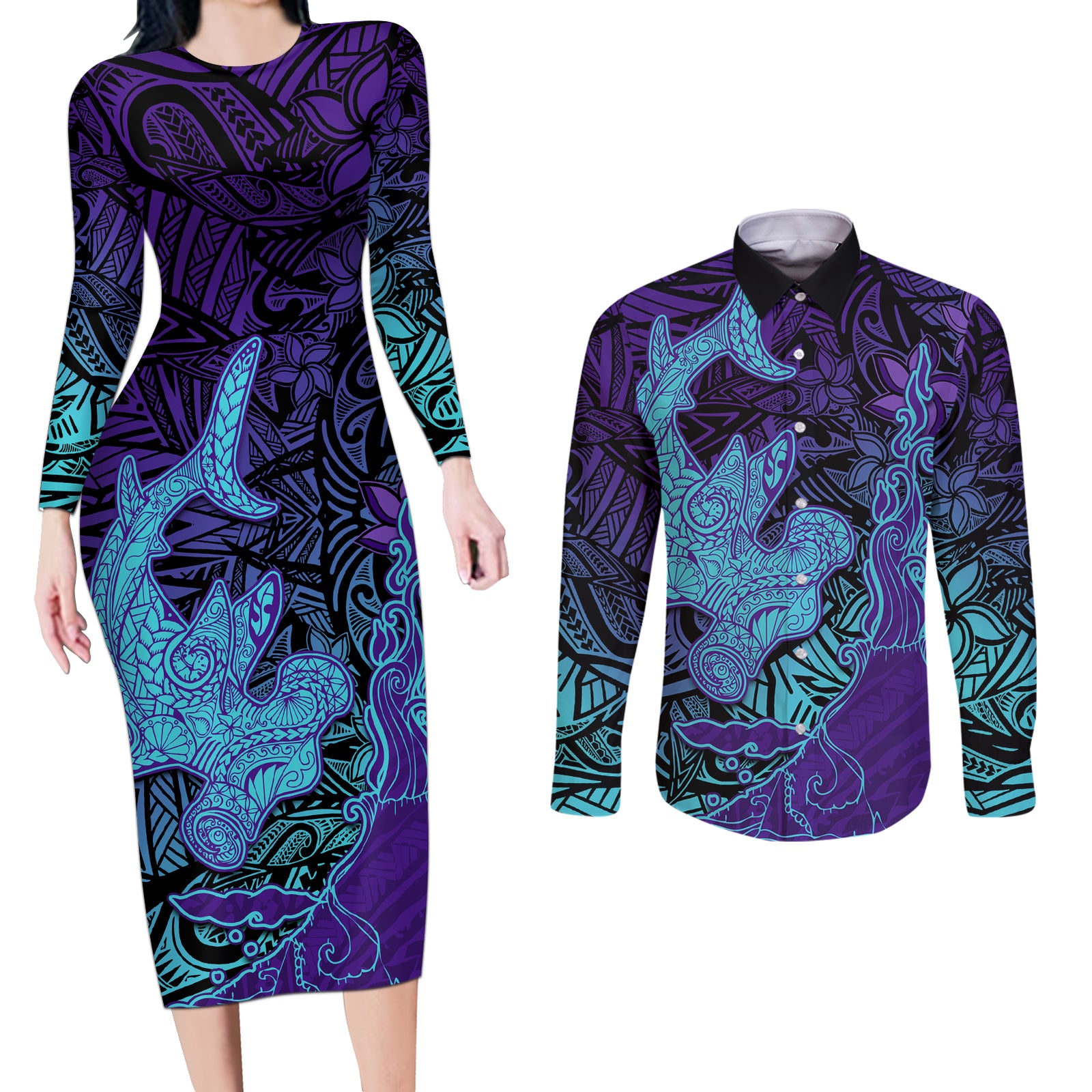 Hawaiian Volcano and Shark Couples Matching Long Sleeve Bodycon Dress and Long Sleeve Button Shirt Polynesian and Hibiscus Pattern Purple Cyan Gradient LT03 Purple - Polynesian Pride