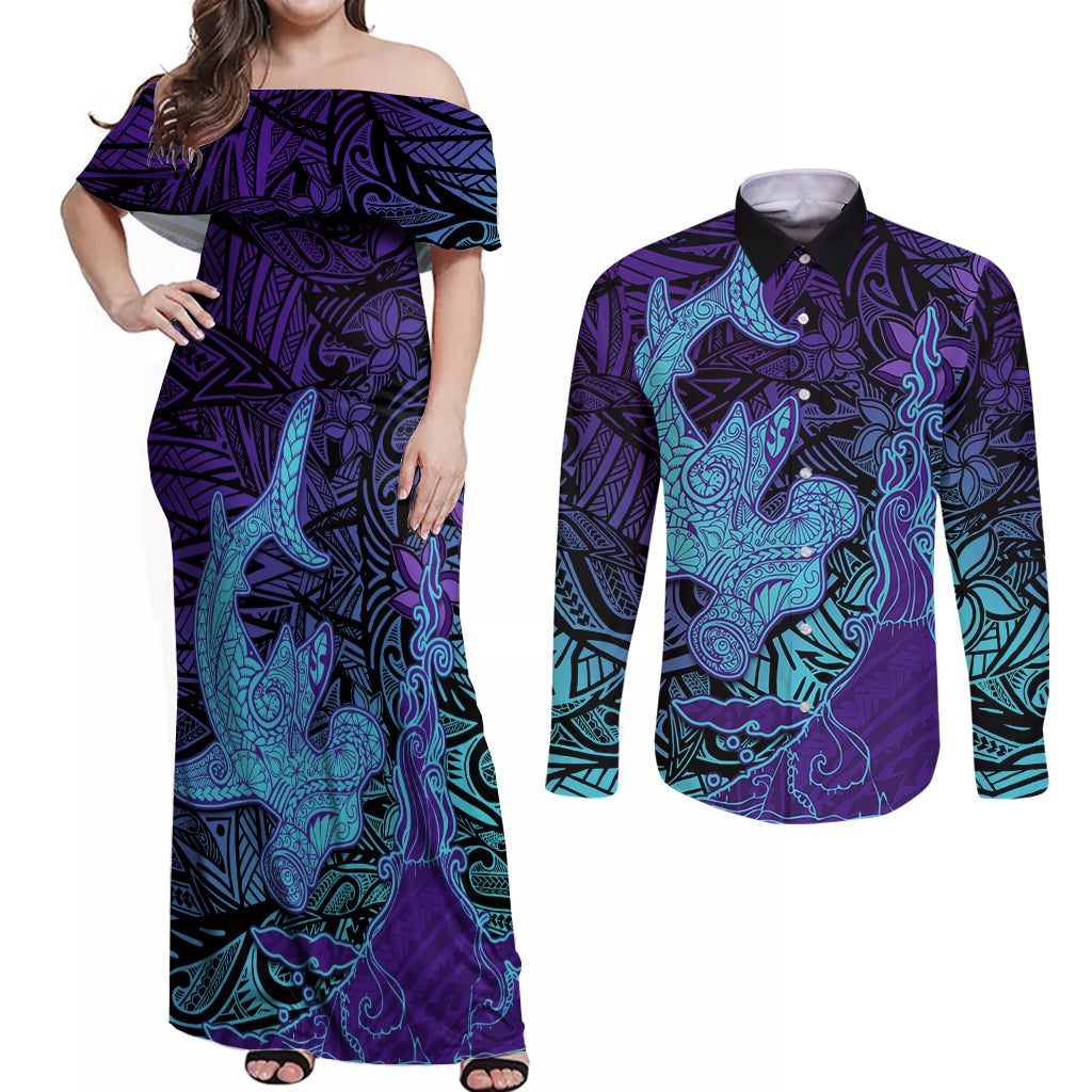 Hawaiian Volcano and Shark Couples Matching Off Shoulder Maxi Dress and Long Sleeve Button Shirt Polynesian and Hibiscus Pattern Purple Cyan Gradient LT03 Purple - Polynesian Pride