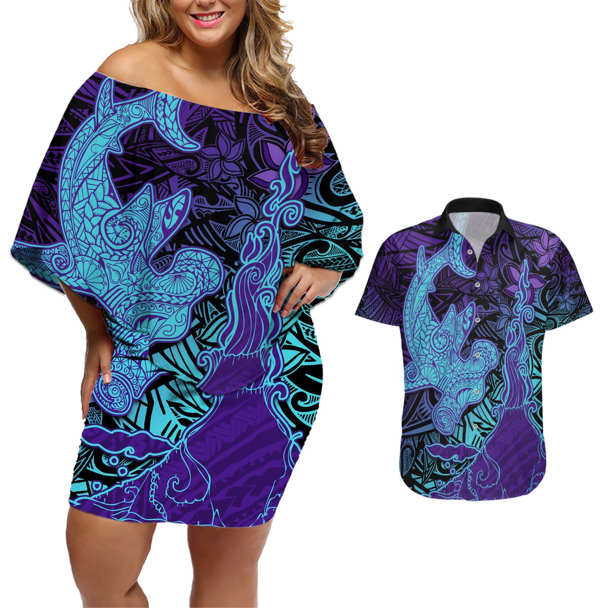 Hawaiian Volcano and Shark Couples Matching Off Shoulder Short Dress and Hawaiian Shirt Polynesian and Hibiscus Pattern Purple Cyan Gradient LT03 Purple - Polynesian Pride