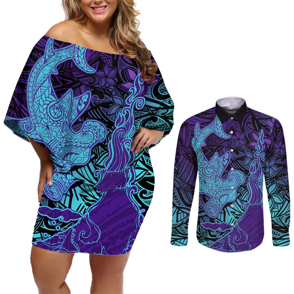 Hawaiian Volcano and Shark Couples Matching Off Shoulder Short Dress and Long Sleeve Button Shirt Polynesian and Hibiscus Pattern Purple Cyan Gradient LT03 Purple - Polynesian Pride