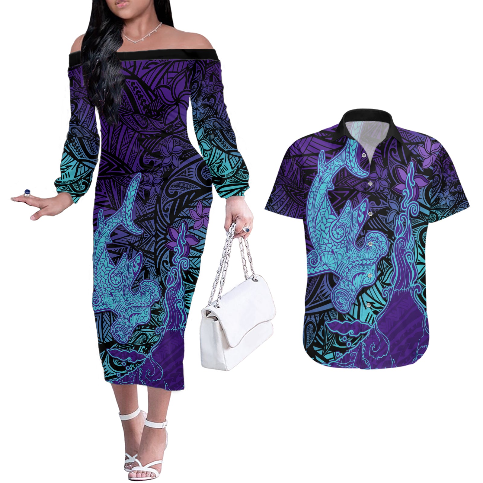 Hawaiian Volcano and Shark Couples Matching Off The Shoulder Long Sleeve Dress and Hawaiian Shirt Polynesian and Hibiscus Pattern Purple Cyan Gradient LT03 Purple - Polynesian Pride