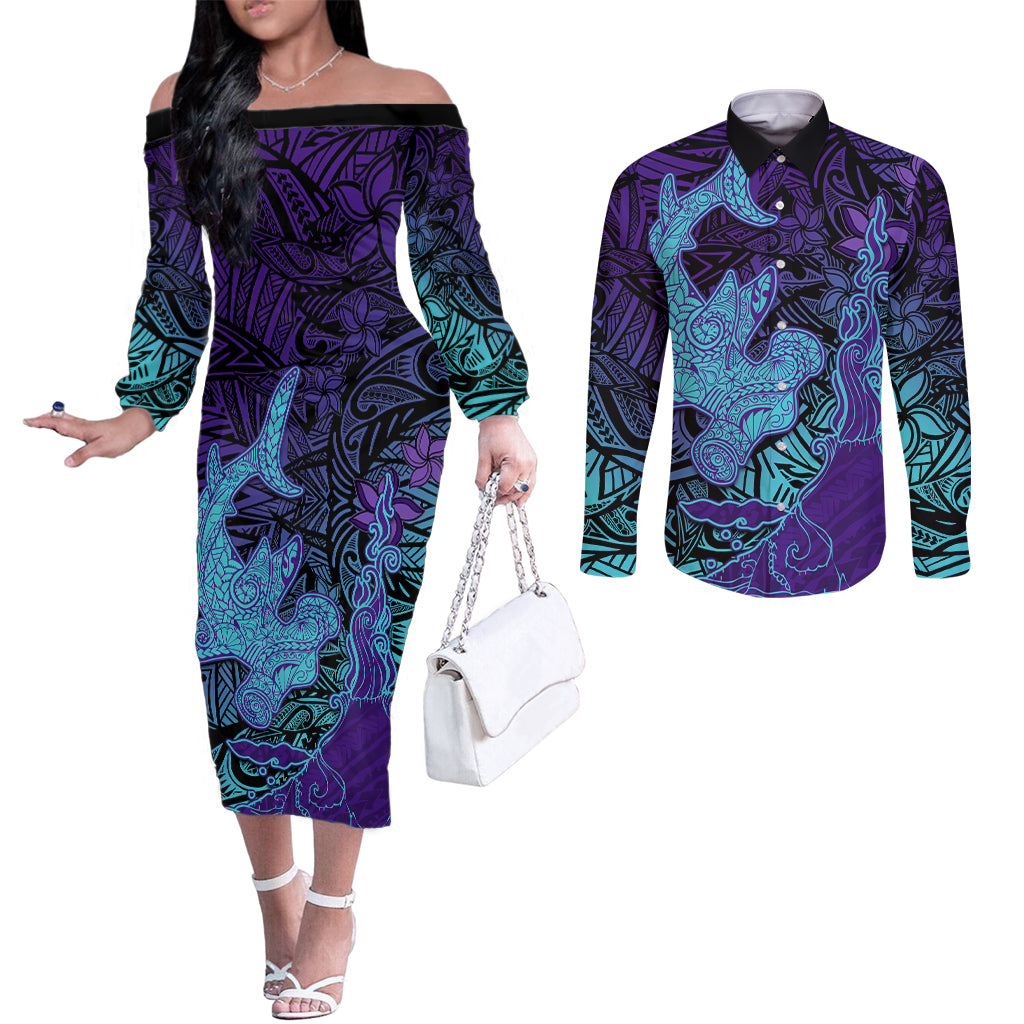 Hawaiian Volcano and Shark Couples Matching Off The Shoulder Long Sleeve Dress and Long Sleeve Button Shirt Polynesian and Hibiscus Pattern Purple Cyan Gradient LT03 Purple - Polynesian Pride