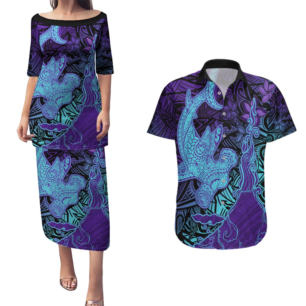 Hawaiian Volcano and Shark Couples Matching Puletasi and Hawaiian Shirt Polynesian and Hibiscus Pattern Purple Cyan Gradient LT03 Purple - Polynesian Pride