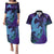 Hawaiian Volcano and Shark Couples Matching Puletasi and Hawaiian Shirt Polynesian and Hibiscus Pattern Purple Cyan Gradient