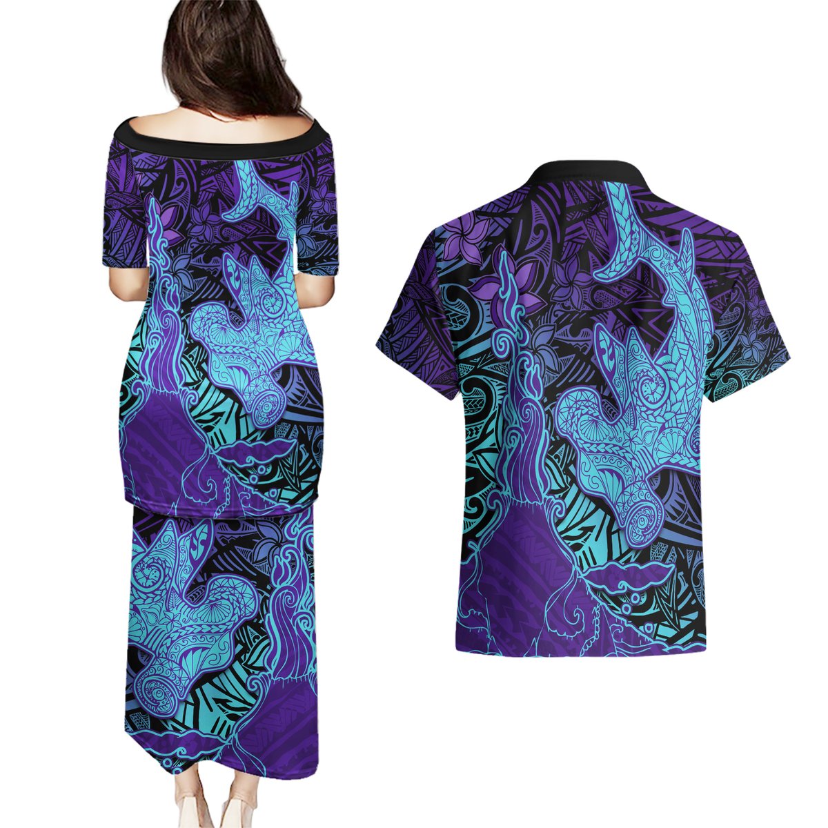 Hawaiian Volcano and Shark Couples Matching Puletasi and Hawaiian Shirt Polynesian and Hibiscus Pattern Purple Cyan Gradient LT03 - Polynesian Pride