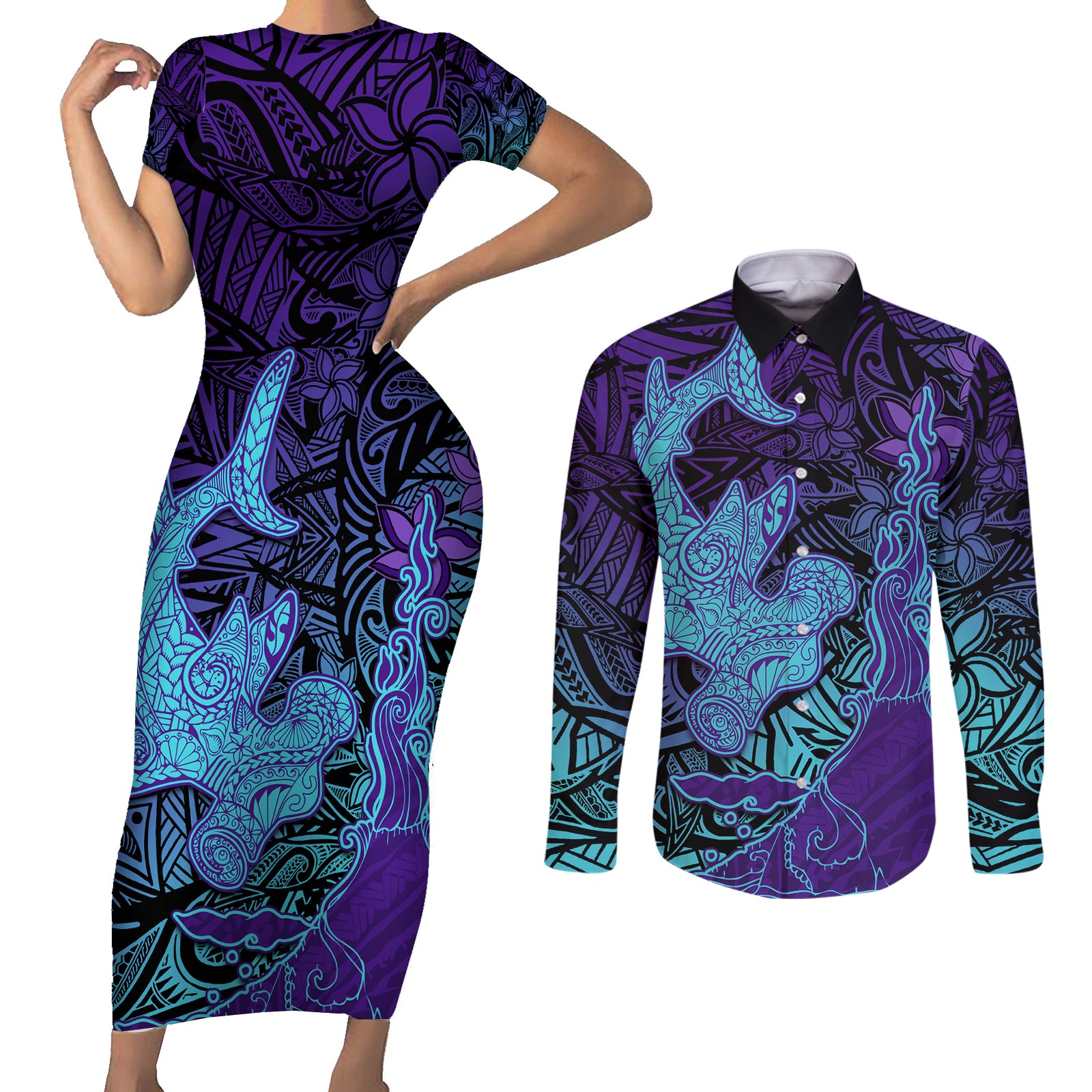 Hawaiian Volcano and Shark Couples Matching Short Sleeve Bodycon Dress and Long Sleeve Button Shirt Polynesian and Hibiscus Pattern Purple Cyan Gradient LT03 Purple - Polynesian Pride