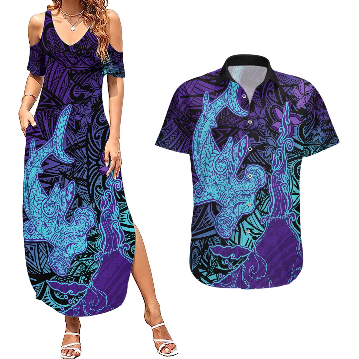 Hawaiian Volcano and Shark Couples Matching Summer Maxi Dress and Hawaiian Shirt Polynesian and Hibiscus Pattern Purple Cyan Gradient LT03 Purple - Polynesian Pride