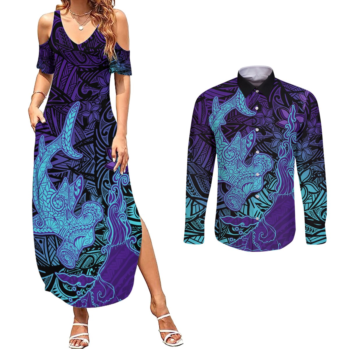 Hawaiian Volcano and Shark Couples Matching Summer Maxi Dress and Long Sleeve Button Shirt Polynesian and Hibiscus Pattern Purple Cyan Gradient LT03 Purple - Polynesian Pride