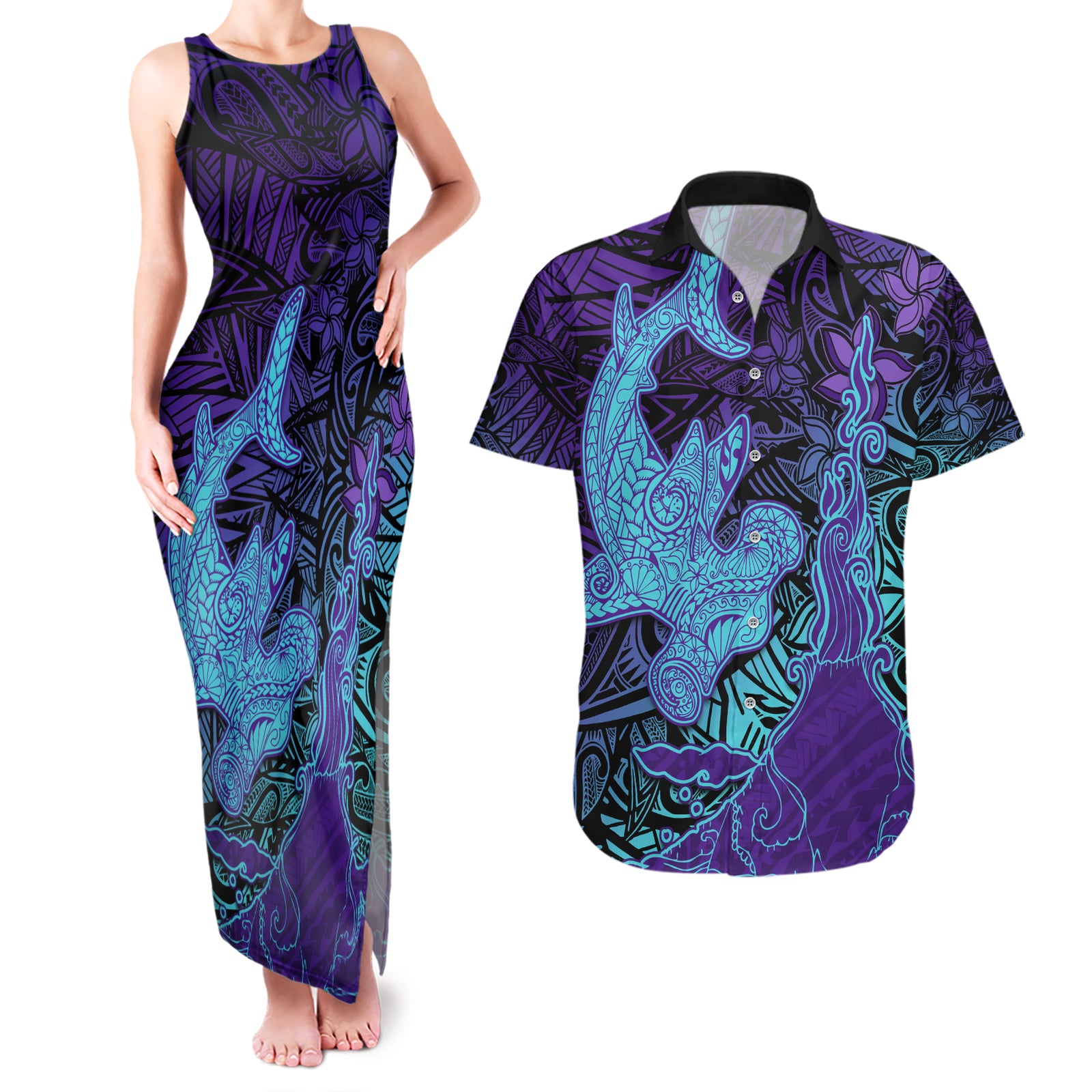 Hawaiian Volcano and Shark Couples Matching Tank Maxi Dress and Hawaiian Shirt Polynesian and Hibiscus Pattern Purple Cyan Gradient LT03 Purple - Polynesian Pride
