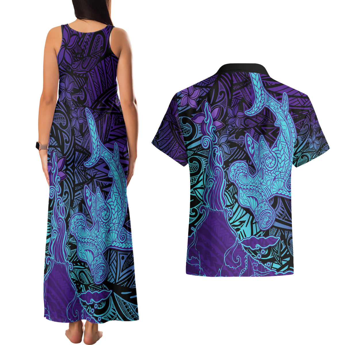Hawaiian Volcano and Shark Couples Matching Tank Maxi Dress and Hawaiian Shirt Polynesian and Hibiscus Pattern Purple Cyan Gradient