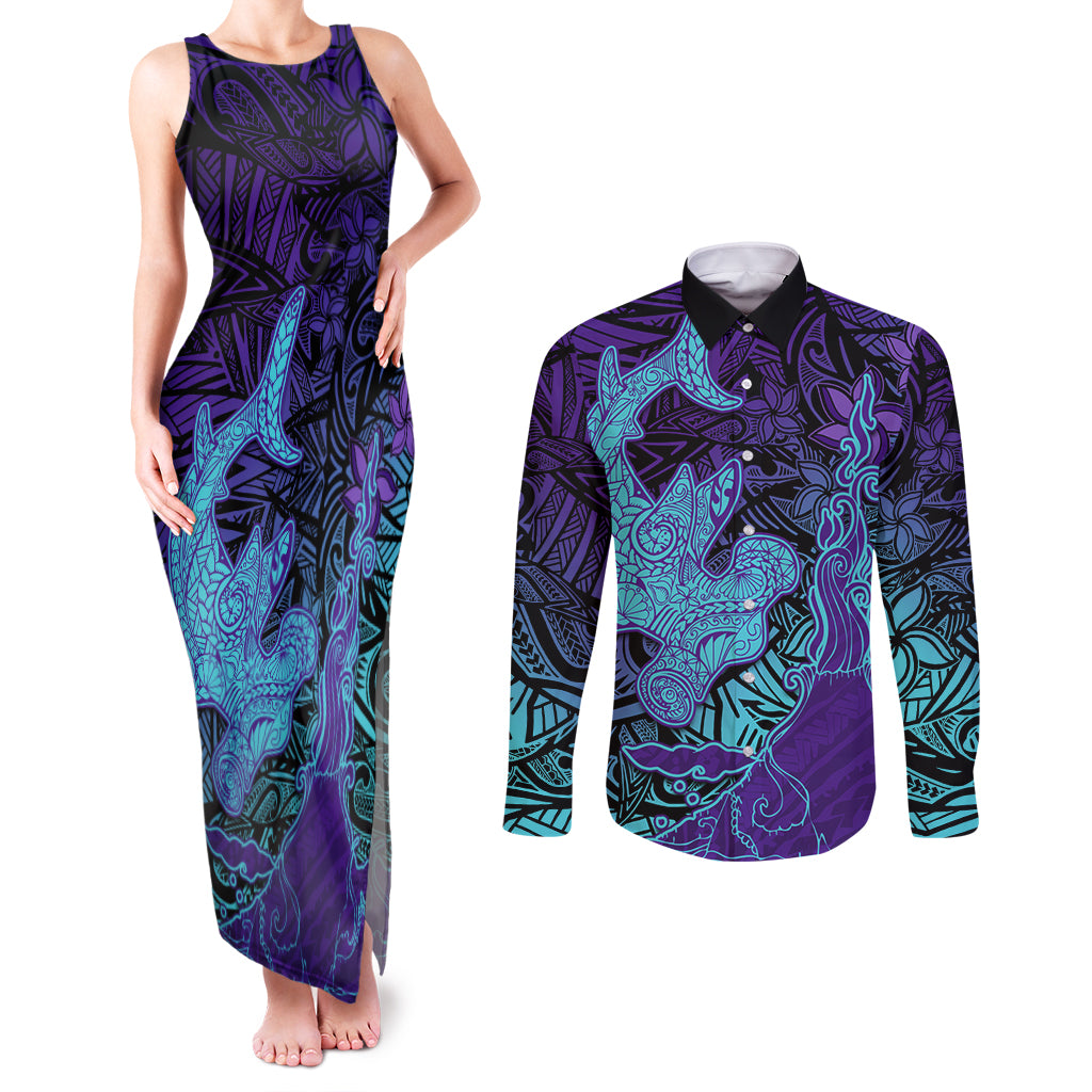 Hawaiian Volcano and Shark Couples Matching Tank Maxi Dress and Long Sleeve Button Shirt Polynesian and Hibiscus Pattern Purple Cyan Gradient LT03 Purple - Polynesian Pride