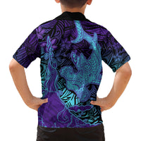 Hawaiian Volcano and Shark Family Matching Long Sleeve Bodycon Dress and Hawaiian Shirt Polynesian and Hibiscus Pattern Purple Cyan Gradient LT03 - Polynesian Pride
