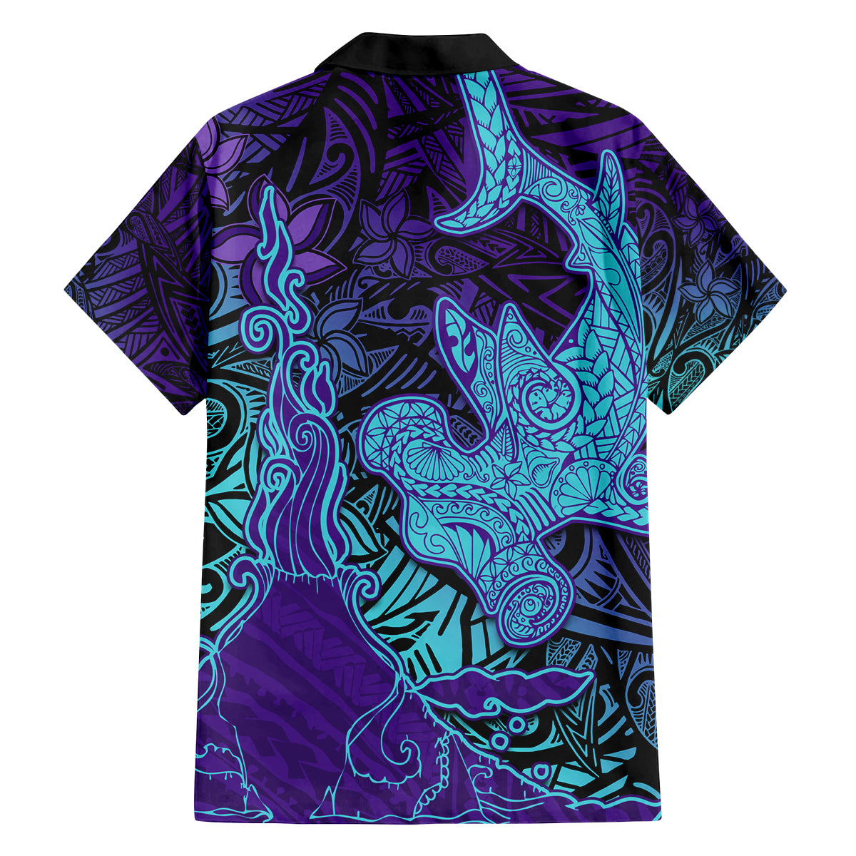 Hawaiian Volcano and Shark Family Matching Long Sleeve Bodycon Dress and Hawaiian Shirt Polynesian and Hibiscus Pattern Purple Cyan Gradient LT03 - Polynesian Pride