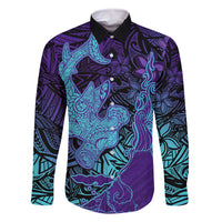 Hawaiian Volcano and Shark Family Matching Long Sleeve Bodycon Dress and Hawaiian Shirt Polynesian and Hibiscus Pattern Purple Cyan Gradient LT03 Dad's Shirt - Long Sleeve Purple - Polynesian Pride