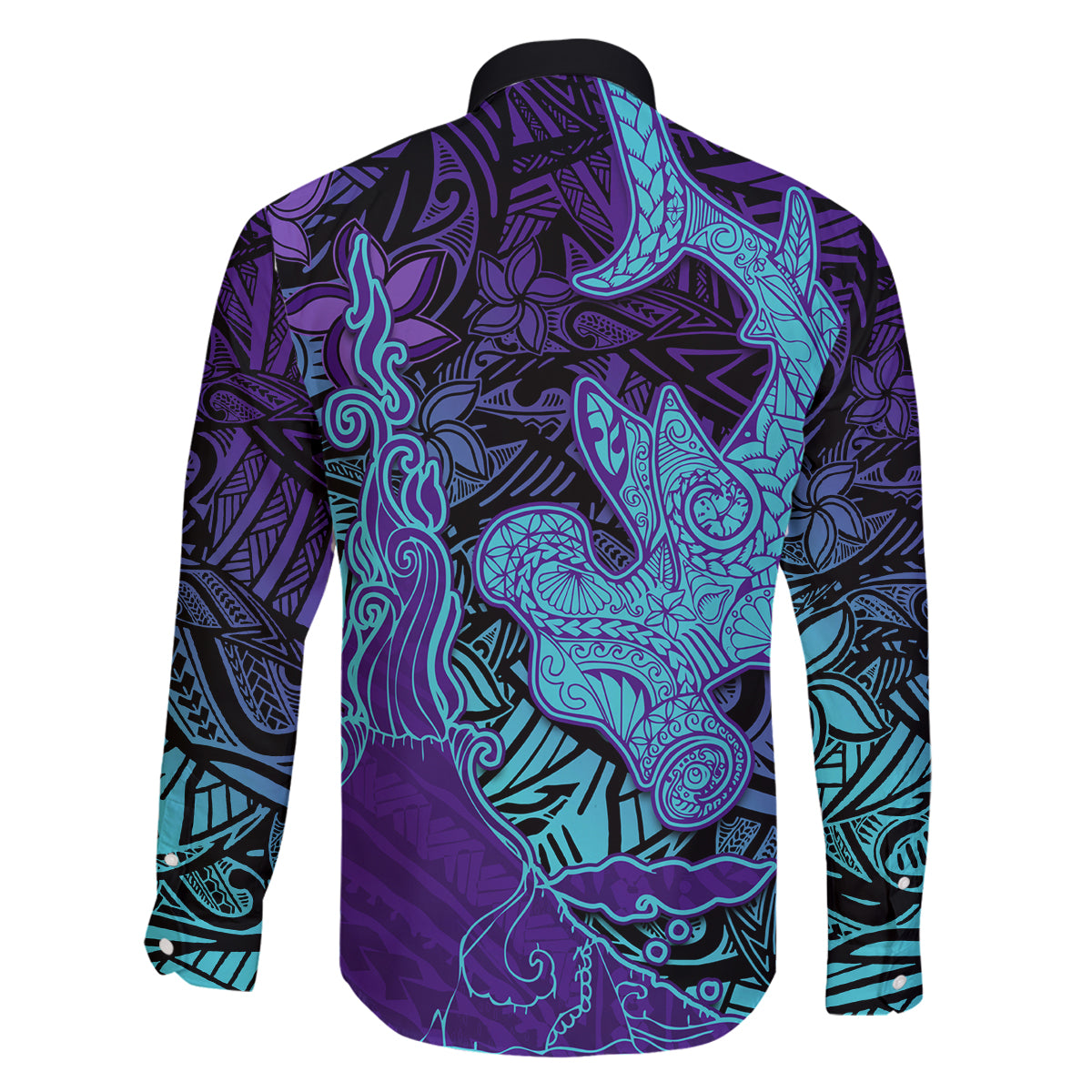 Hawaiian Volcano and Shark Family Matching Long Sleeve Bodycon Dress and Hawaiian Shirt Polynesian and Hibiscus Pattern Purple Cyan Gradient LT03 - Polynesian Pride