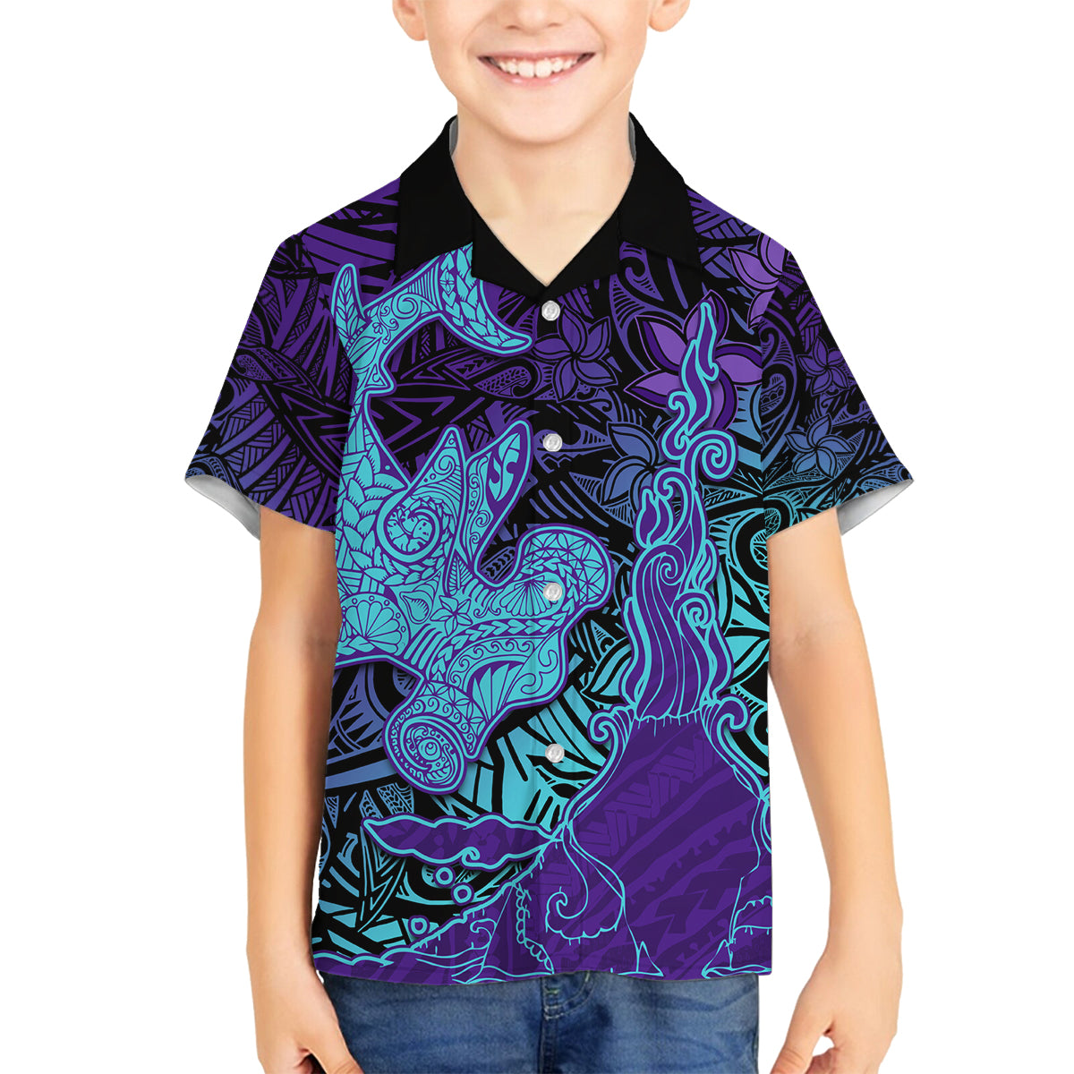 Hawaiian Volcano and Shark Family Matching Long Sleeve Bodycon Dress and Hawaiian Shirt Polynesian and Hibiscus Pattern Purple Cyan Gradient LT03 Son's Shirt Purple - Polynesian Pride