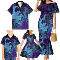 Hawaiian Volcano and Shark Family Matching Mermaid Dress and Hawaiian Shirt Polynesian and Hibiscus Pattern Purple Cyan Gradient