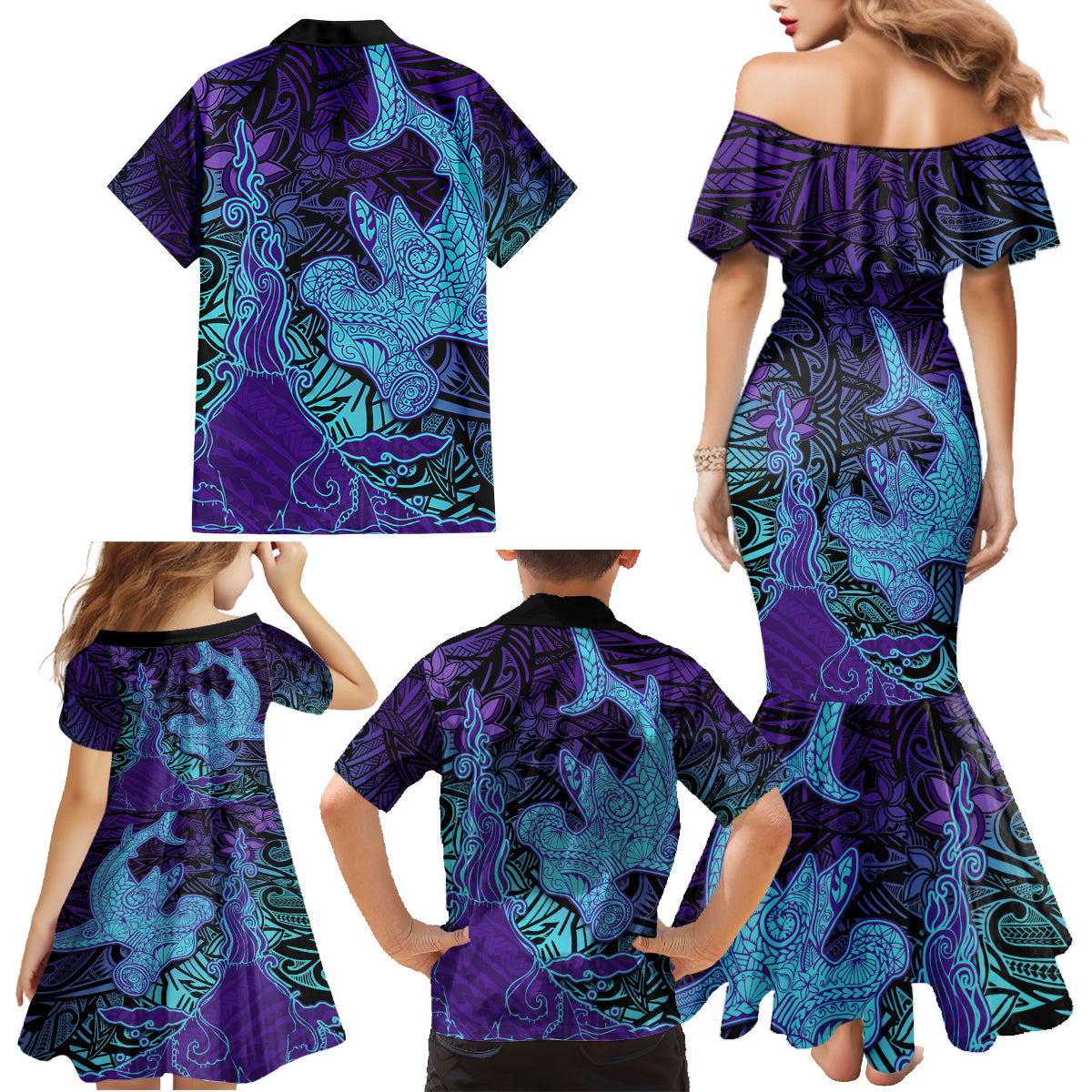 Hawaiian Volcano and Shark Family Matching Mermaid Dress and Hawaiian Shirt Polynesian and Hibiscus Pattern Purple Cyan Gradient